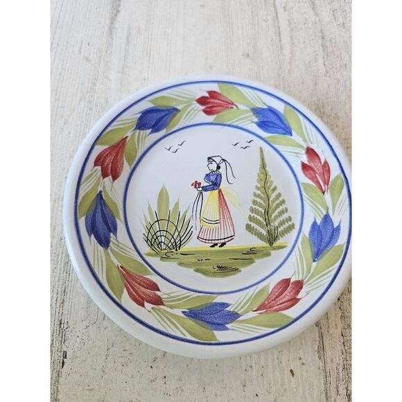 Henriot quimper France 176 mini‎ plate girl flowers blue red vintage decor - Picture 1 of 7